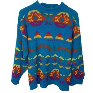 Vintage Teal Bright Colors Patterned Sweater - Women's Size L